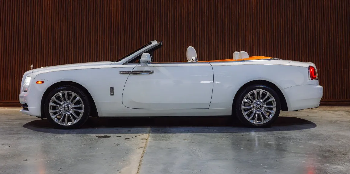 White Rolls Royce Dawn (Hermes) exterior with convertible roof, photo 3 for wedding car rental in Currituck County, NC