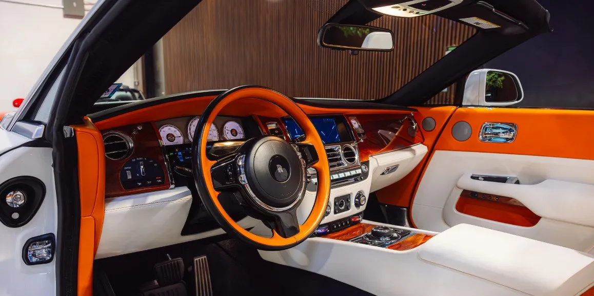 Rolls Royce Dawn (Hermes) interior for wedding car rental in Currituck County, NC