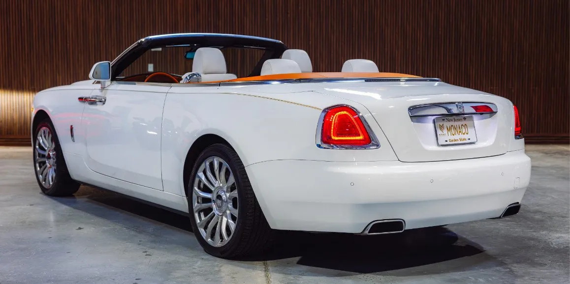 White Rolls Royce Dawn (Hermes) exterior with convertible roof, photo 4 for wedding car rental in Currituck County, NC