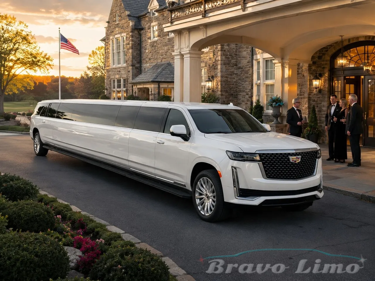 White Cadillac Escalade Limousine — Advertised 20–24 Maximum White Cadillac Escalade Limousine — Advertised 20–24 Maximum for limo rental