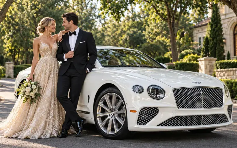 Bride and groom beside a white Bentley Continental GT wedding car
