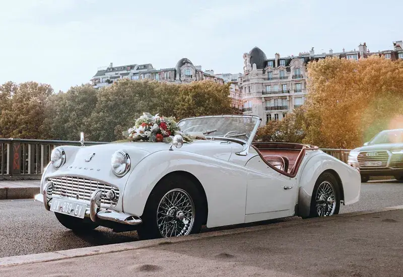 Classic convertible dressed for a wedding for wedding car rental in Ferry County, WA